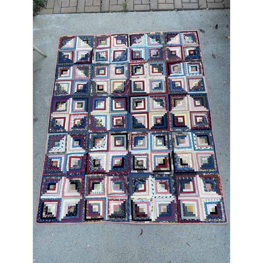 Vintage 1800s Farmhouse Quilt Log Cabin Style 80x64 inches Antique Patchwork